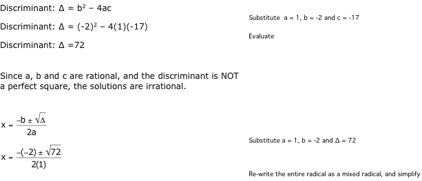 Solution to x<sup>2</sup> - 2x - 17 = 0 using the Quadratic Formula; Part 1