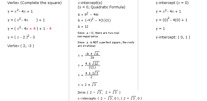 Find the vertex, x-intercepts and y-intercept