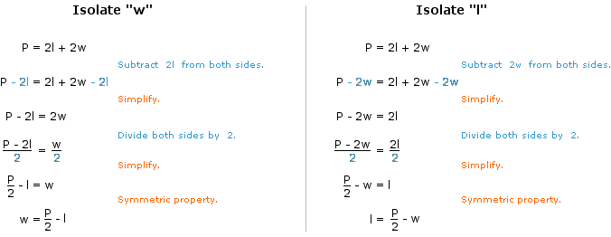 Isolate the variables representing width and length given the formula for perimeter of a rectangle